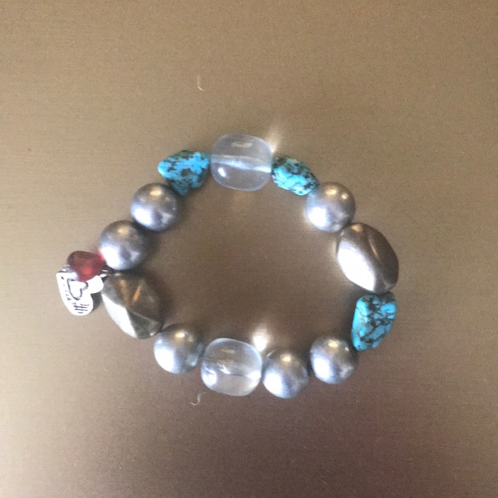 Gold, silver, turquoise, clear, beaded bracelet
